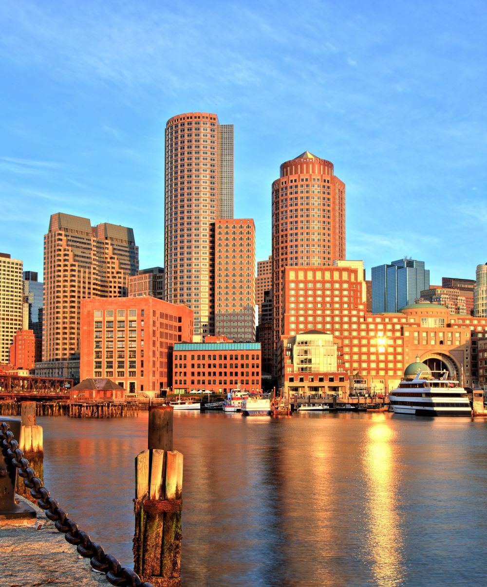 Boston Skyline with Financial District and Harbor at Sunrise