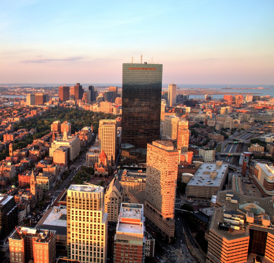 Aerial view of Boston at sunset